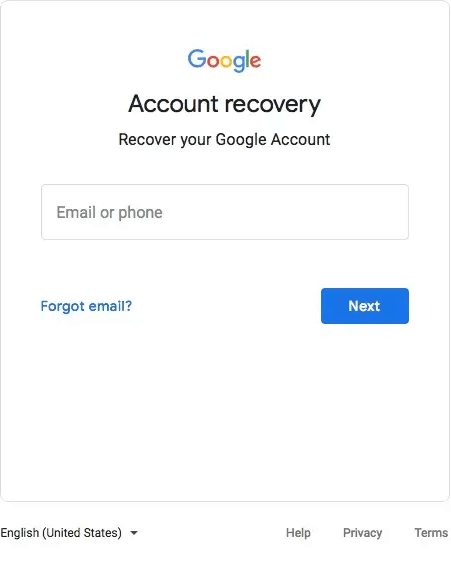 Google prompt for forgotten account password recovery