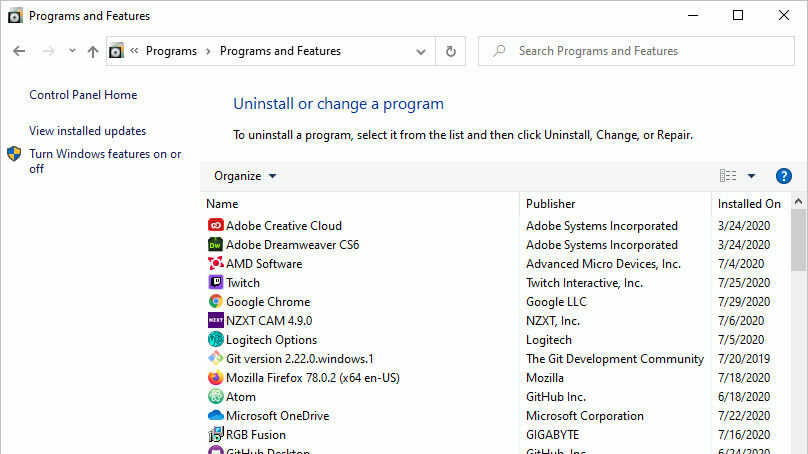 Windows 10 list installed programs